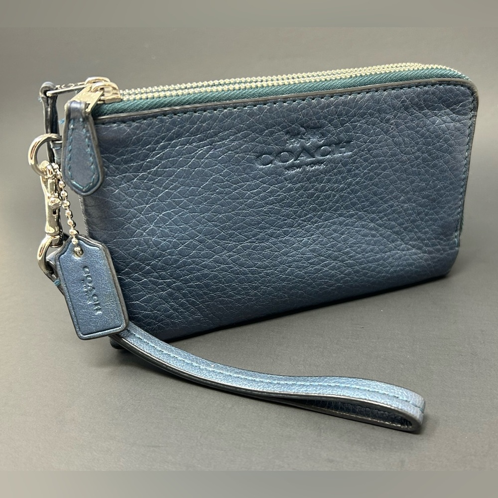 Coach Blue Metallixc Double Pocket Zip Wristlet